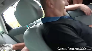 babe sucks huge dicks of bunch of old guys in a car